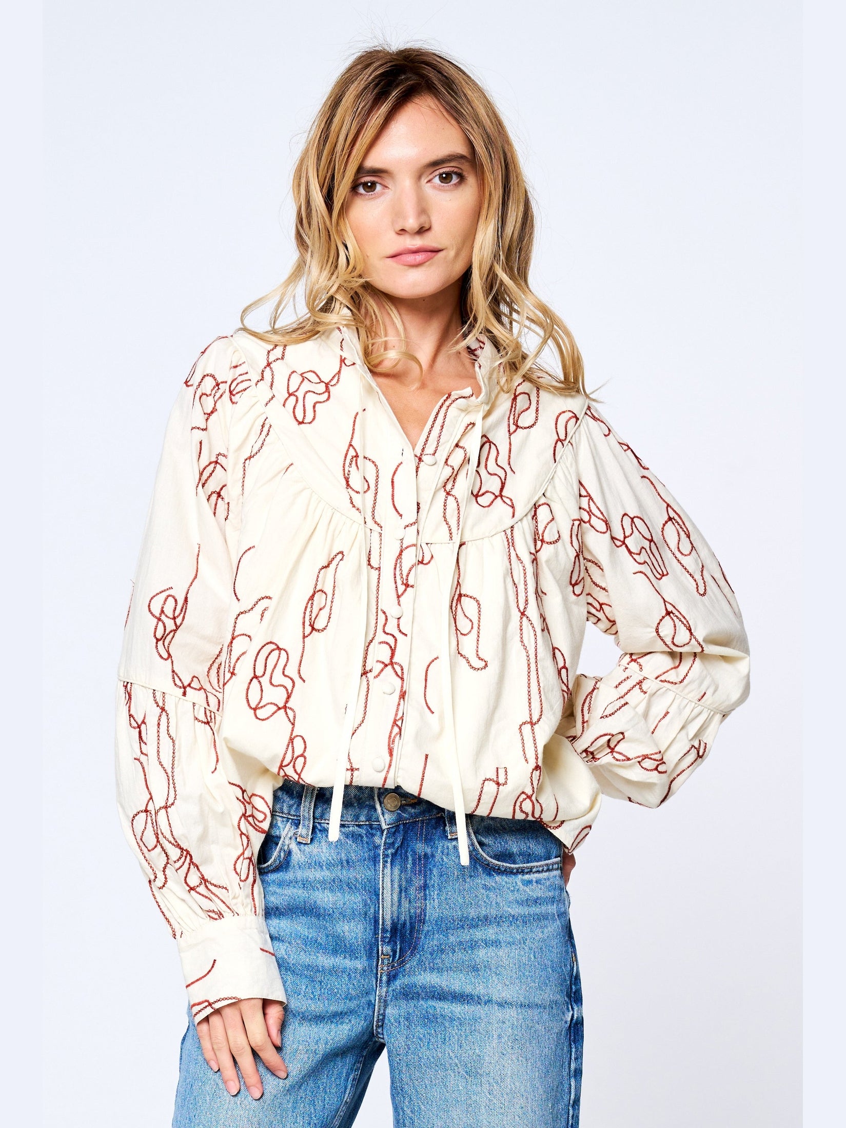 Calla Abstract Embroidered Button-Up Top