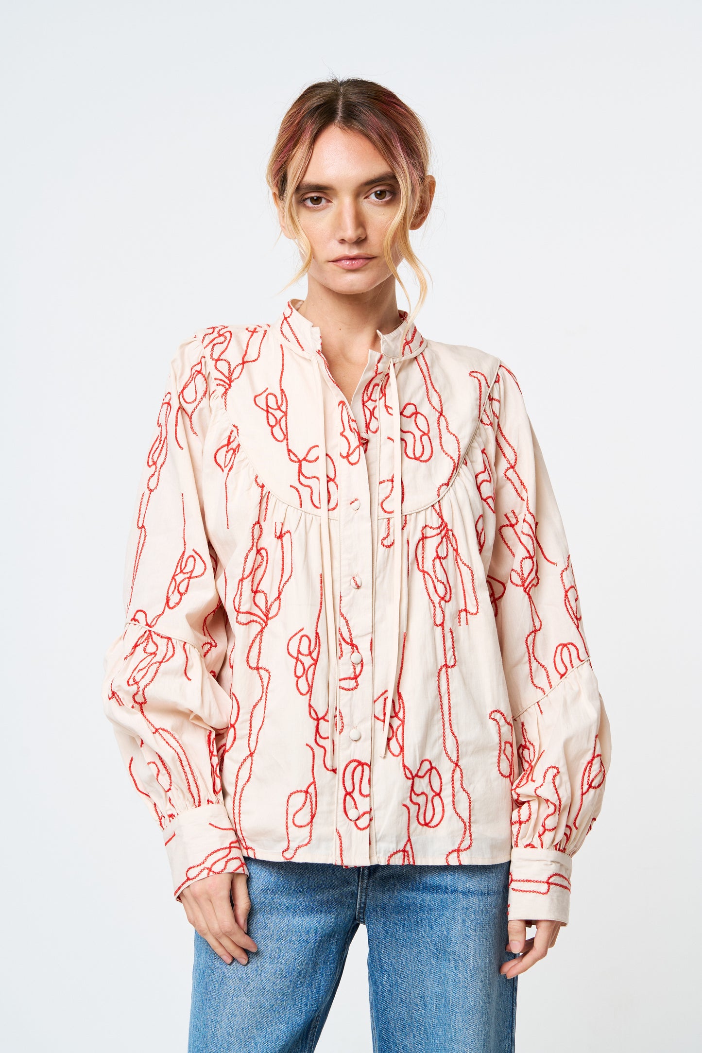 Calla Abstract Embroidered Button-Up Top