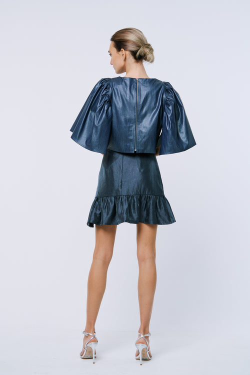 Load image 1 in gallery view. Liz Coated Denim Flutter Sleeve Crop Top