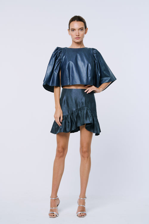 Load image 1 in gallery view. Liz Coated Denim Flutter Sleeve Crop Top