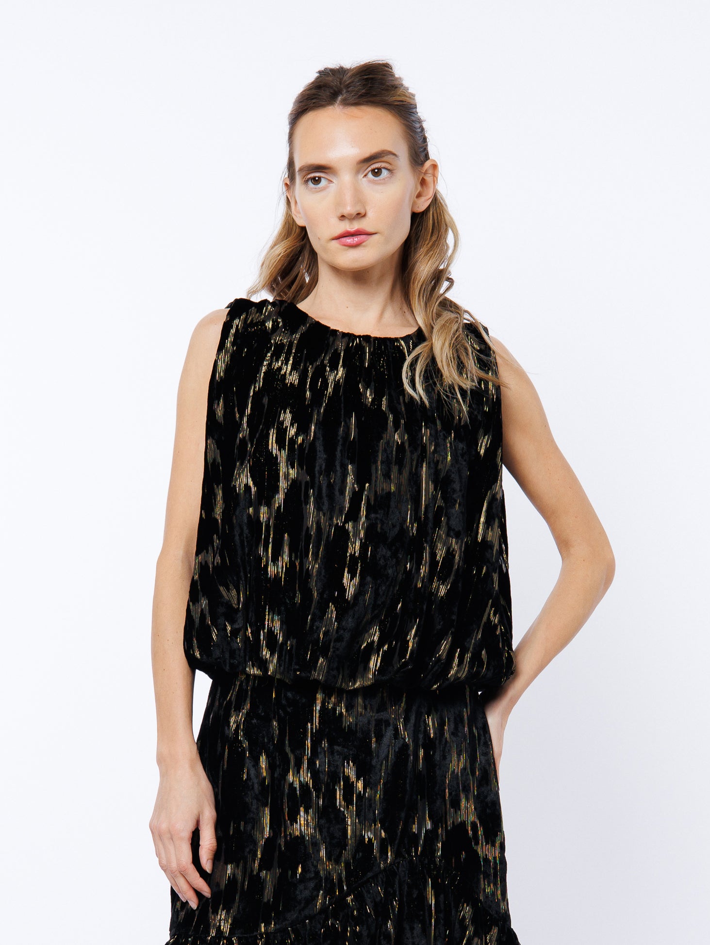 Agnese Metallic Burnout Bubble Hem Top