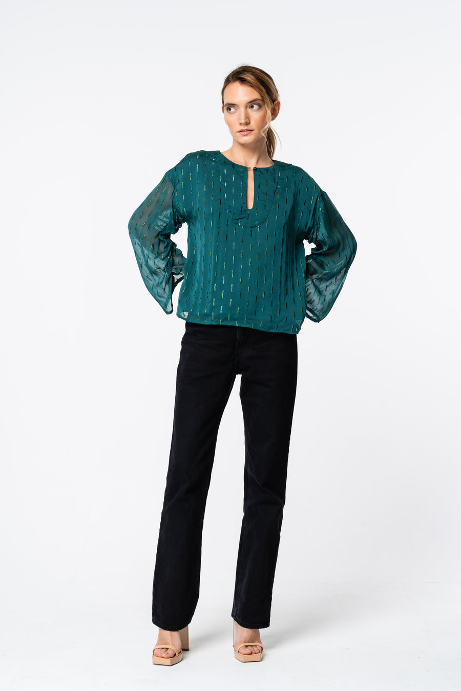 Olivie Metallic Shirred Long Sleeve Top