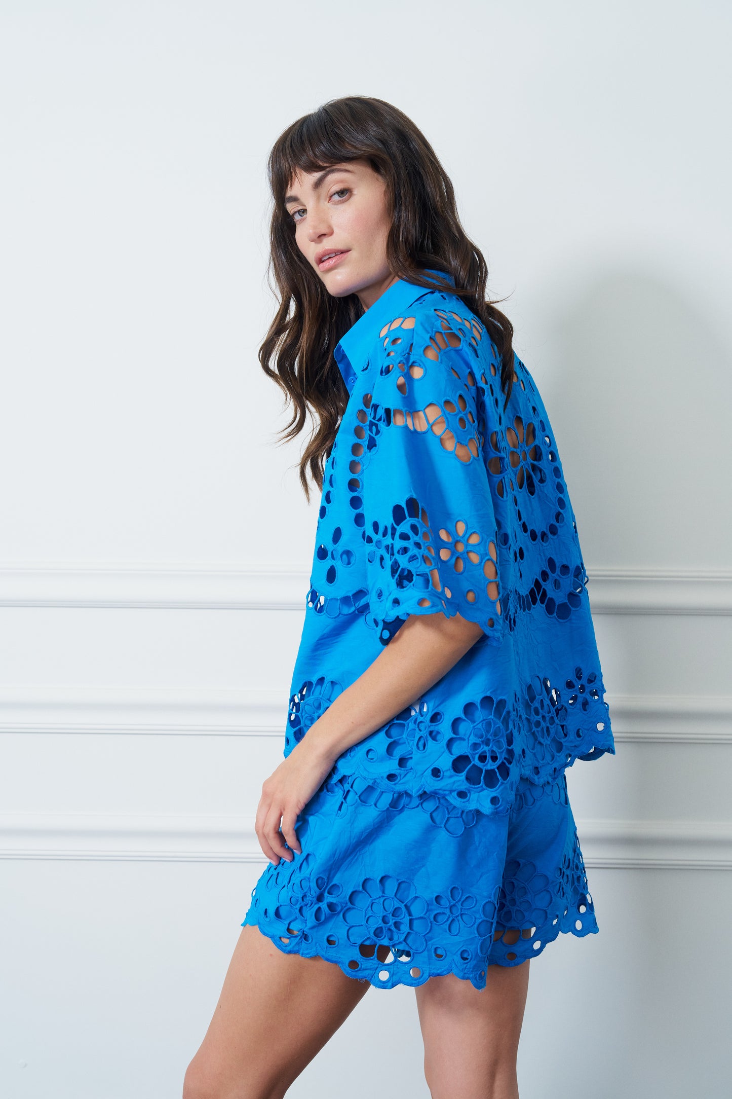Maiea Embroidered Lace Button-Up Top