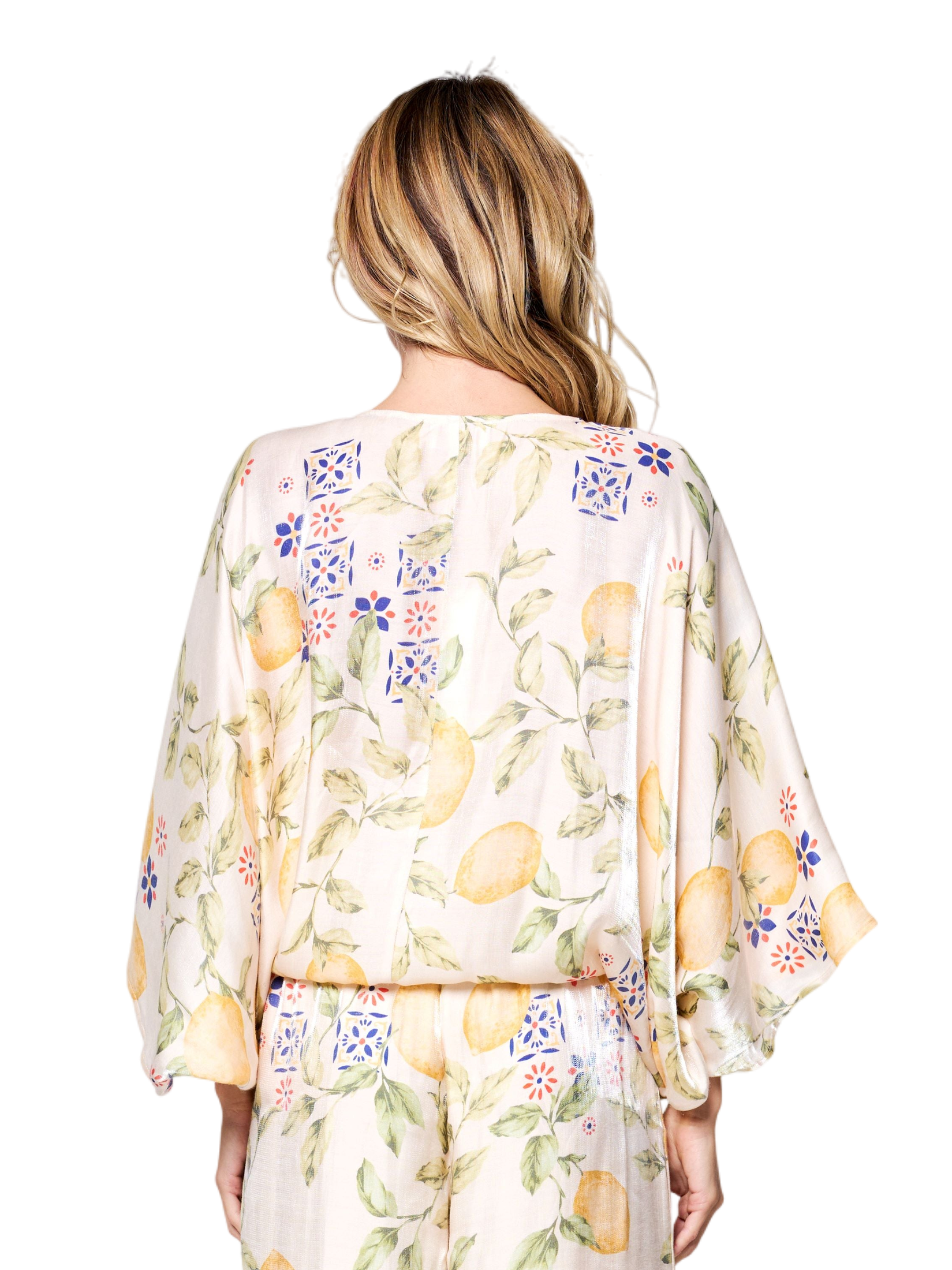 Felicia Lemon Print Tie Front Satin Top