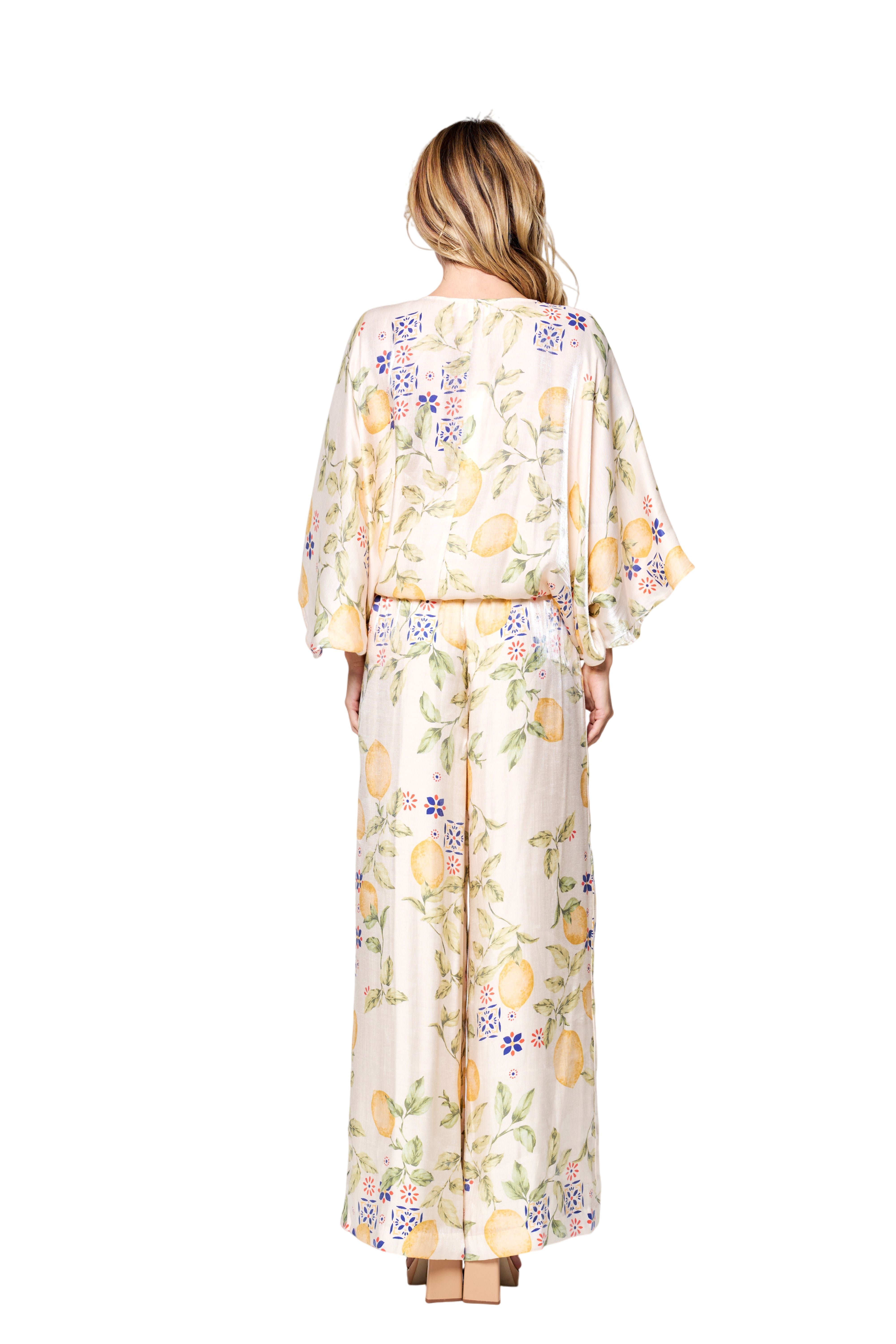 Felicia Lemon Print Tie Front Satin Top