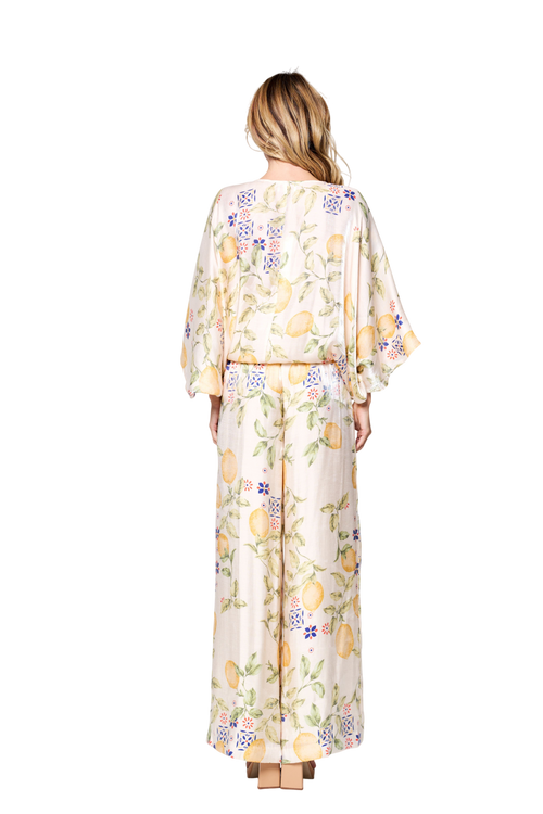 Load image 1 in gallery view. Felicia Lemon Print Tie Front Satin Top