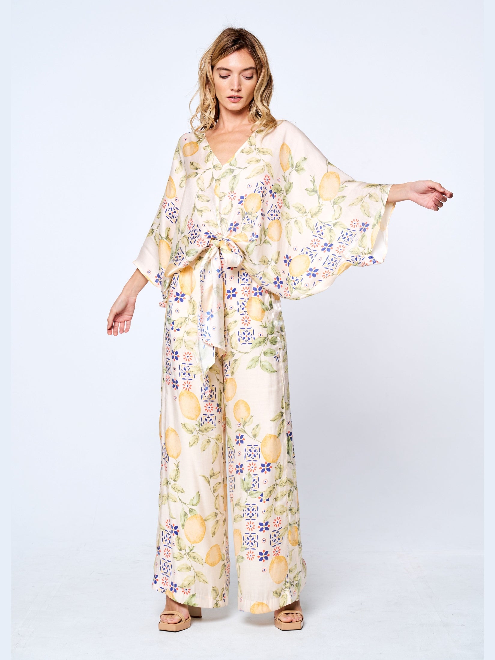 Anjella Lemon Print Satin Pants