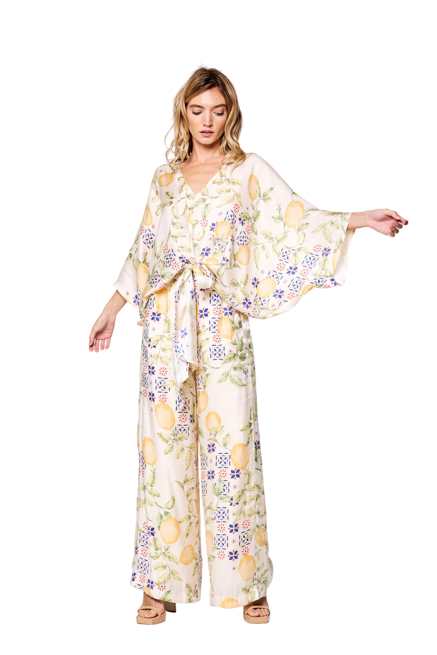 Felicia Lemon Print Tie Front Satin Top