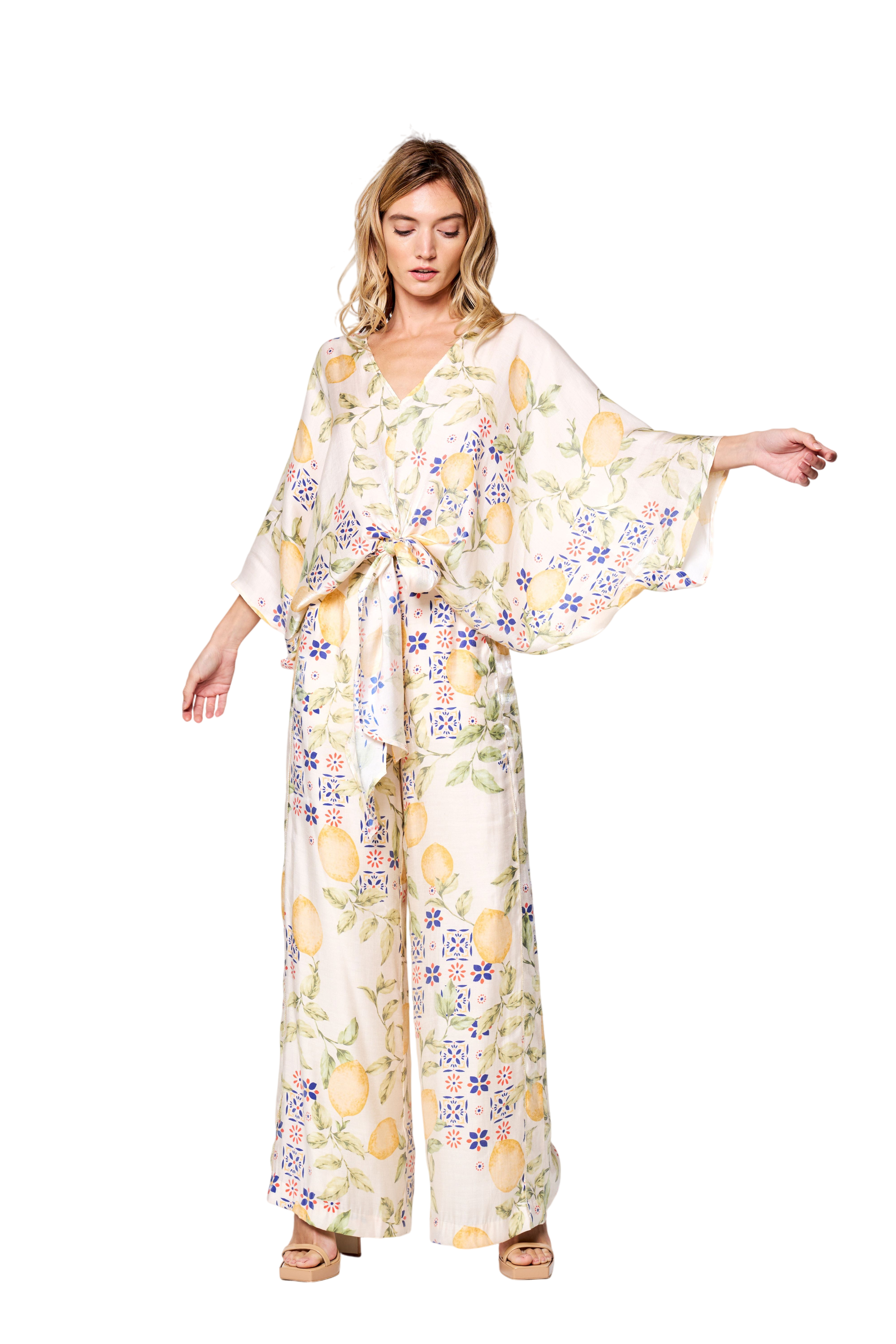 Felicia Lemon Print Tie Front Satin Top