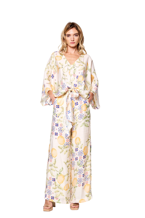 Load image 1 in gallery view. Felicia Lemon Print Tie Front Satin Top