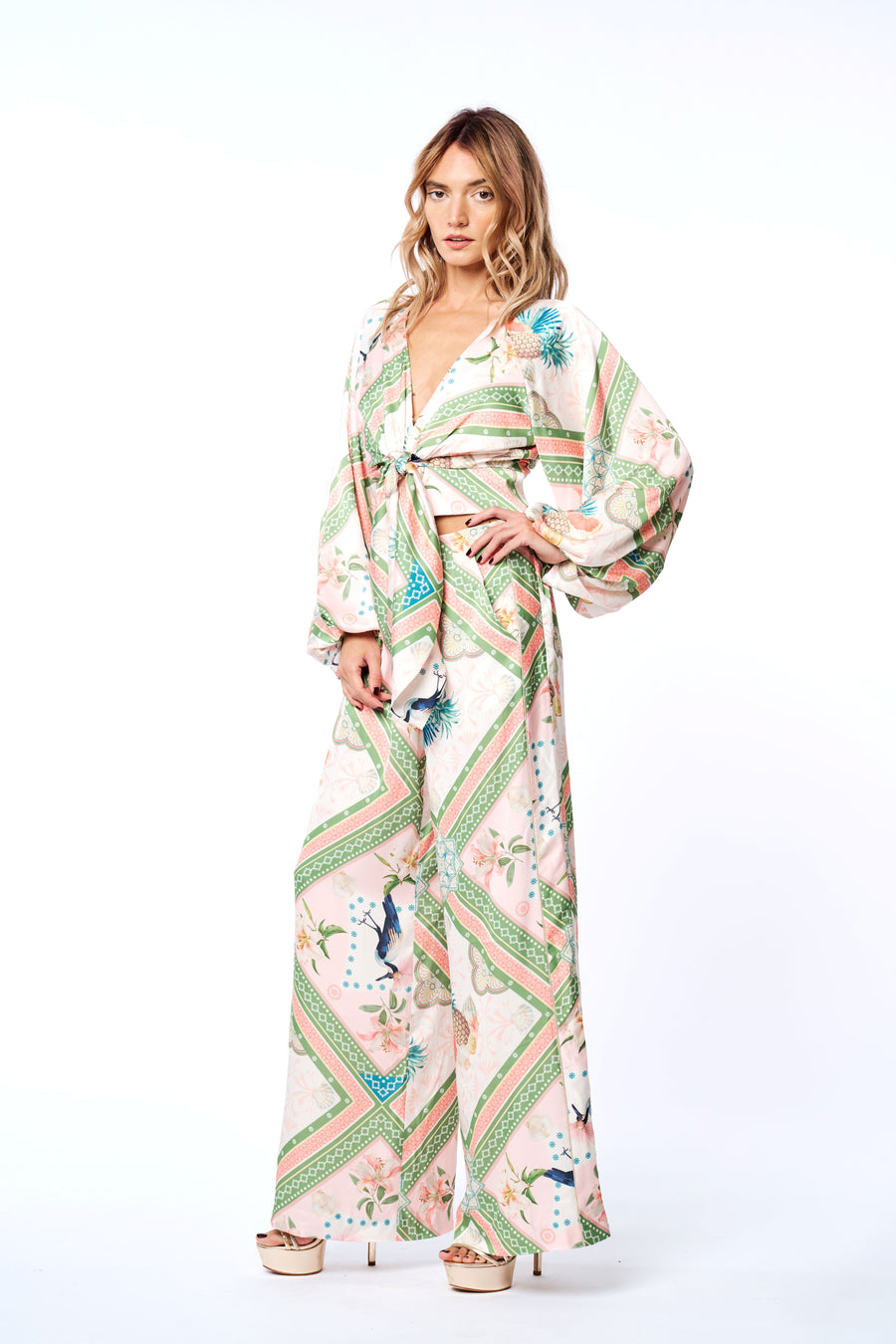 Arkya Botanical Print Long Sleeve Tie-Front Top
