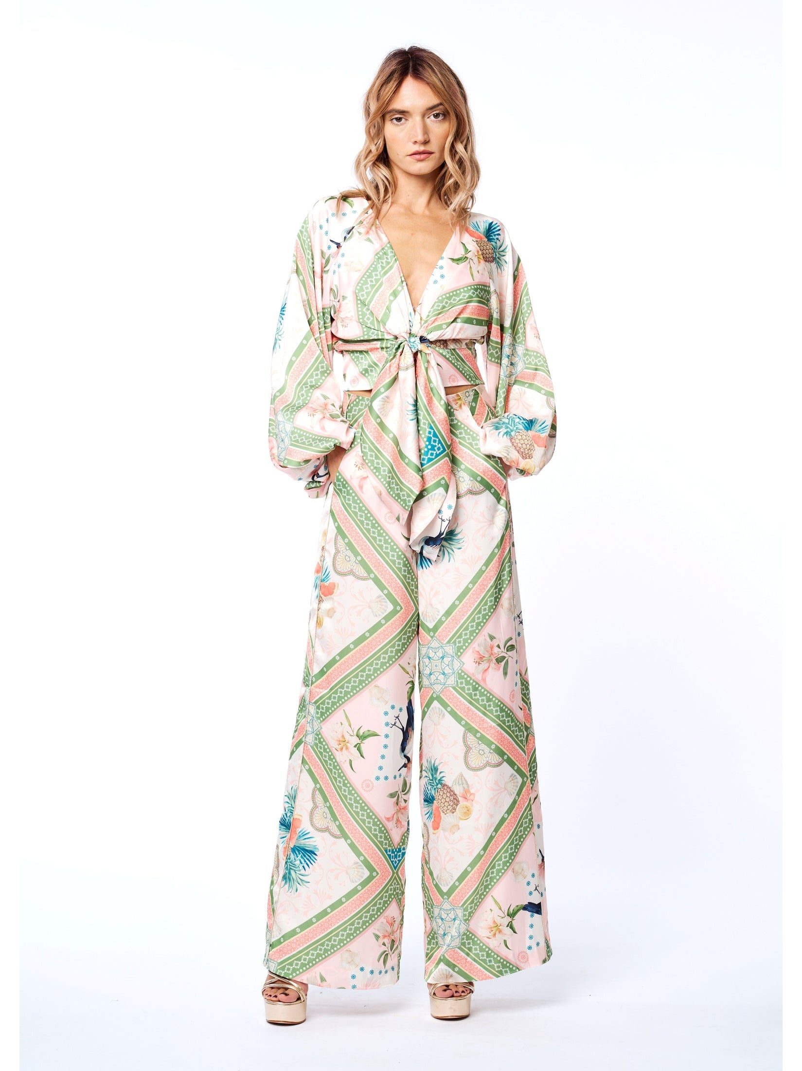 Anjella Botanical Print Wide Leg Pants
