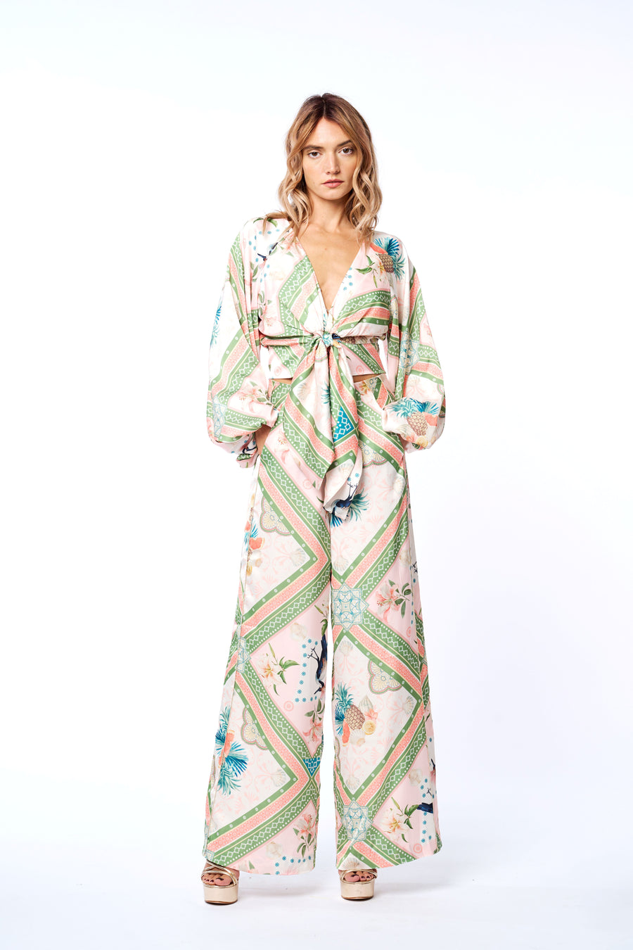 Arkya Botanical Print Long Sleeve Tie-Front Top