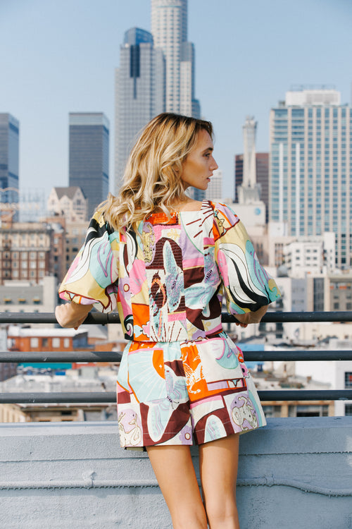 Load image 1 in gallery view. Kaitlin Printed Poplin Puff Sleeve Button-Up Top