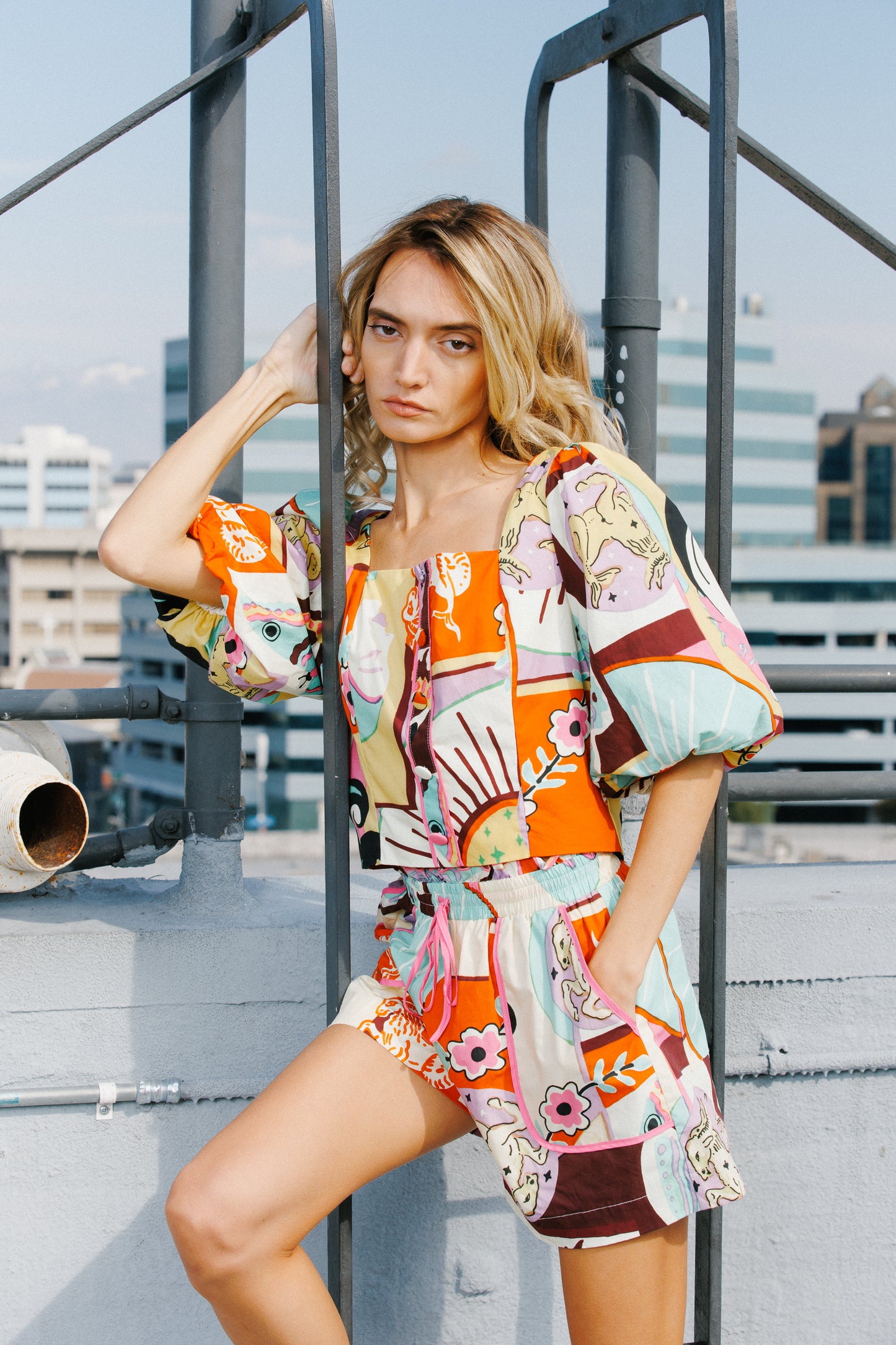 Kaitlin Printed Poplin Puff Sleeve Button-Up Top