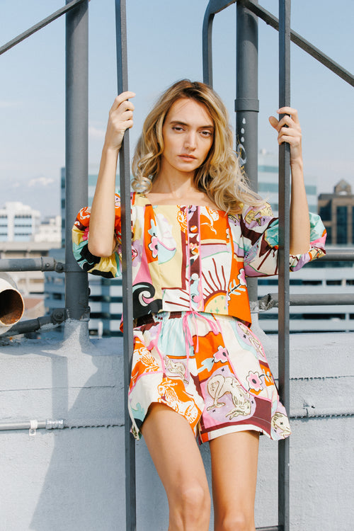 Load image 1 in gallery view. Kaiya Printed Poplin Elastic High-Waisted Shorts