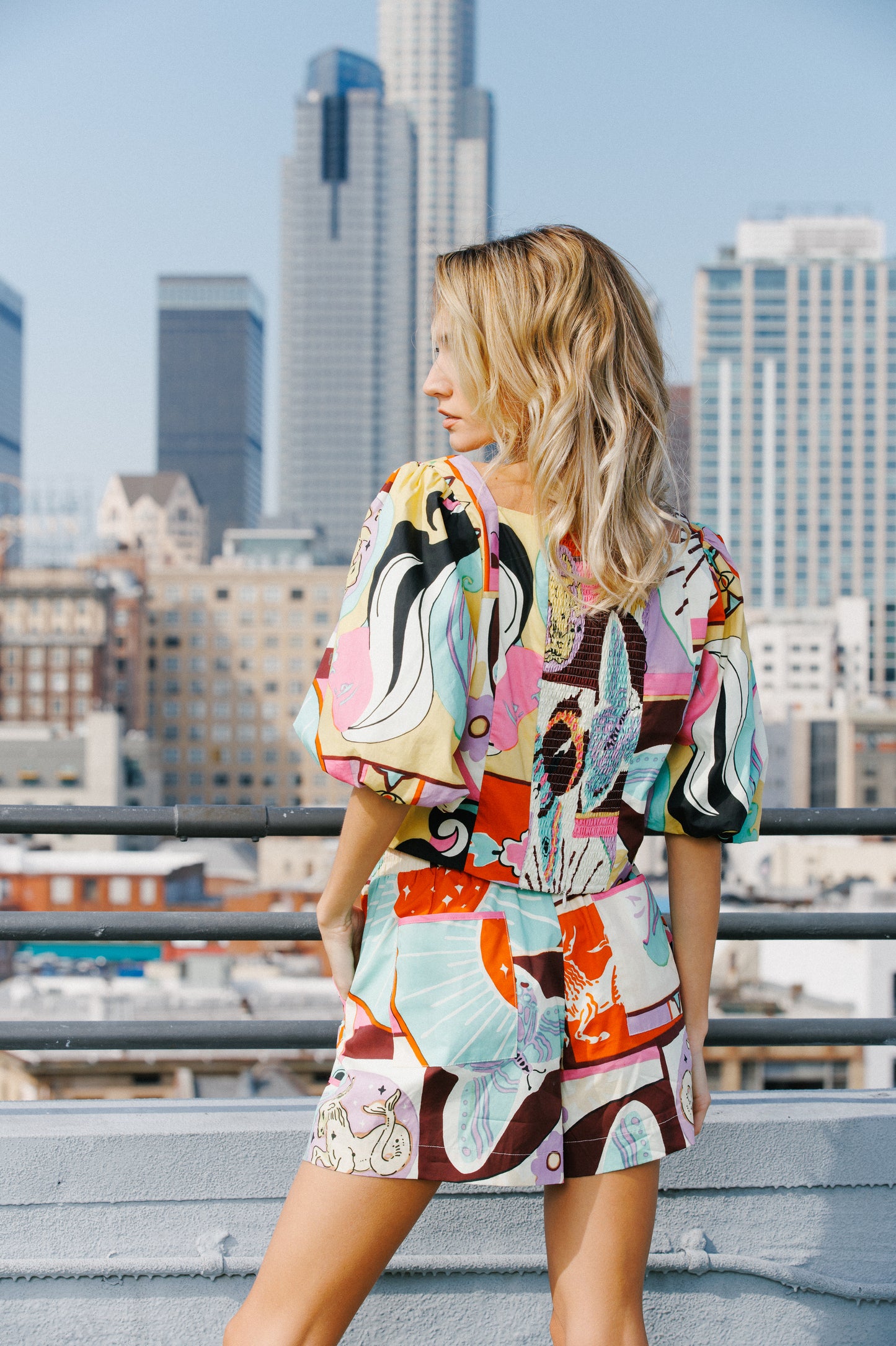 Kaiya Printed Poplin Elastic High-Waisted Shorts