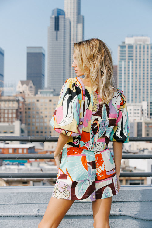 Load image 1 in gallery view. Kaiya Printed Poplin Elastic High-Waisted Shorts