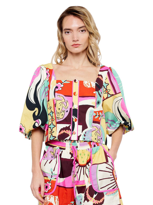 Load image 1 in gallery view. Kaitlin Printed Poplin Puff Sleeve Button-Up Top