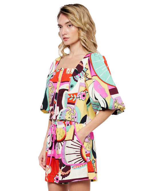 Load image 1 in gallery view. Kaitlin Printed Poplin Puff Sleeve Button-Up Top