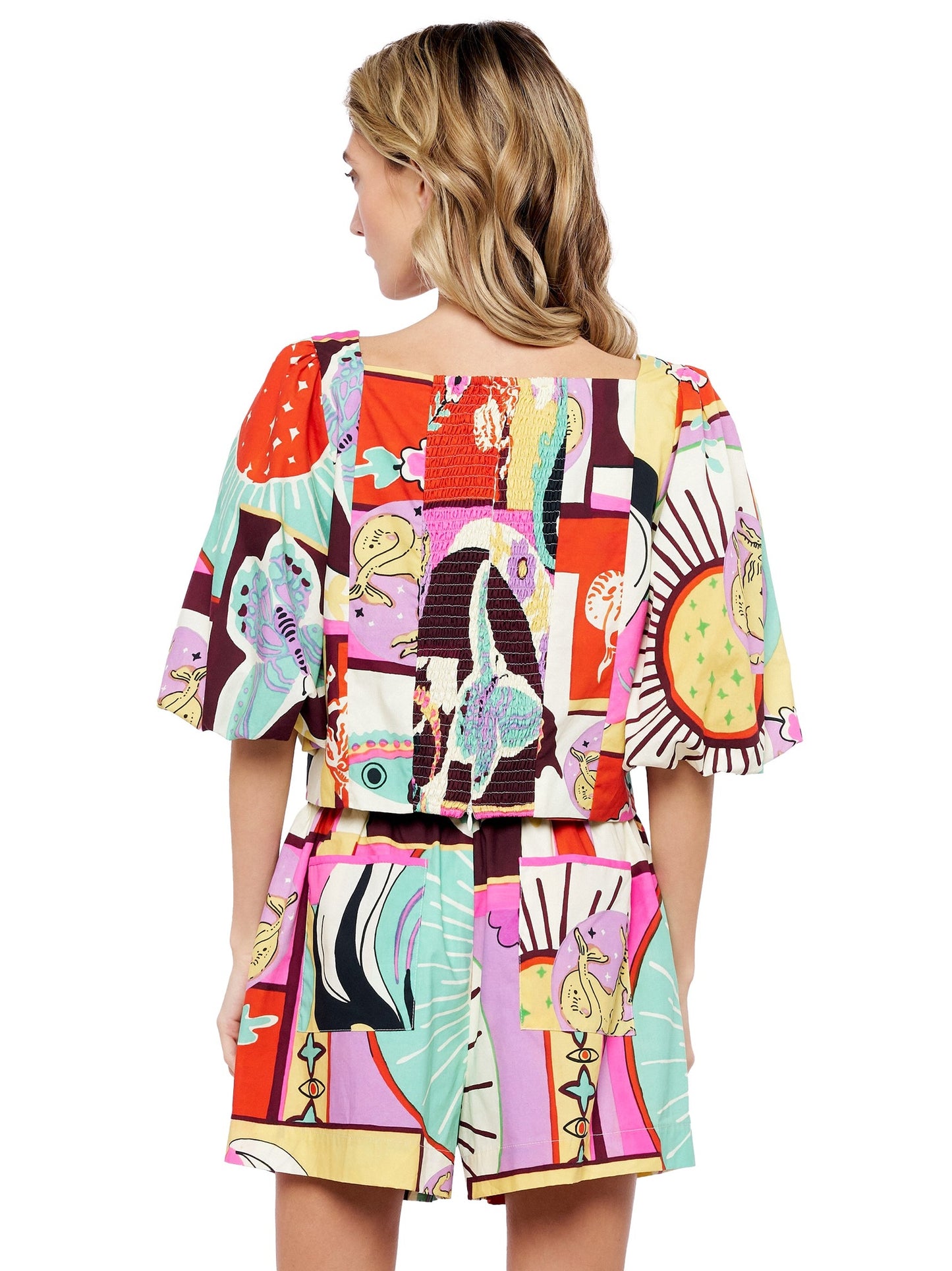 Kaitlin Printed Poplin Puff Sleeve Button-Up Top