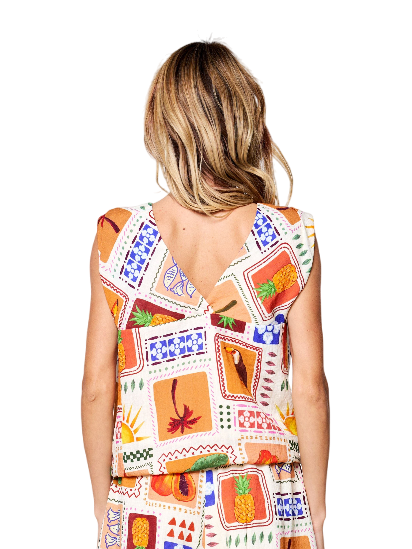 Ceren Fruit Print Open Back Sleeveless Top