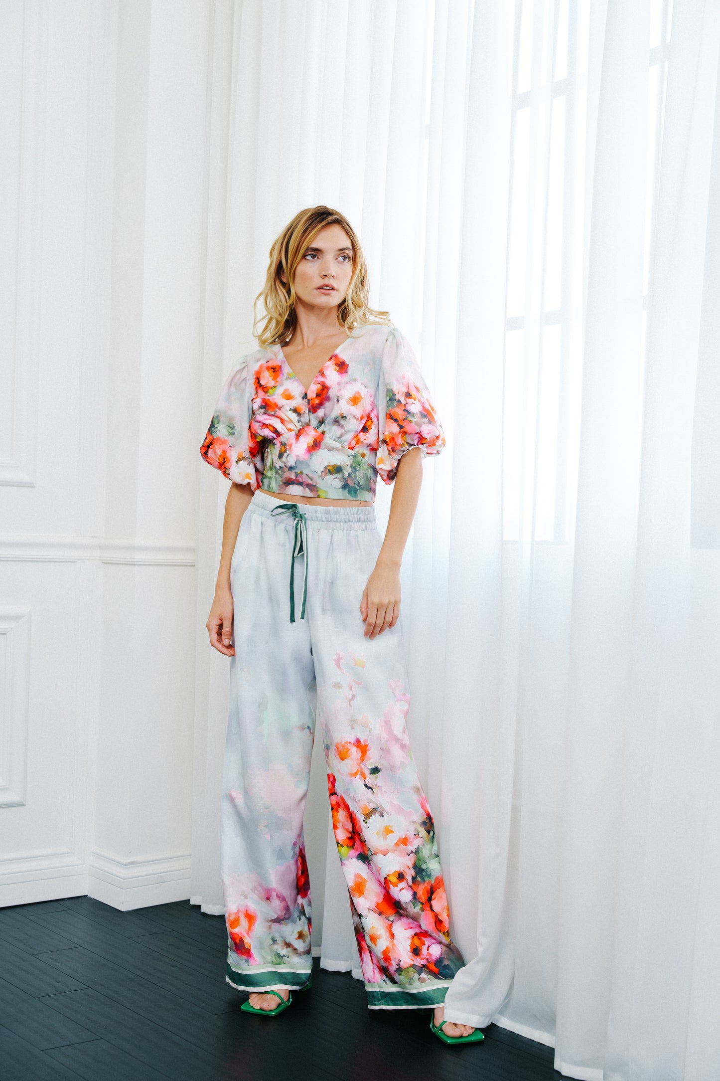Azra Floral Print Drawstring Wide Leg Pants
