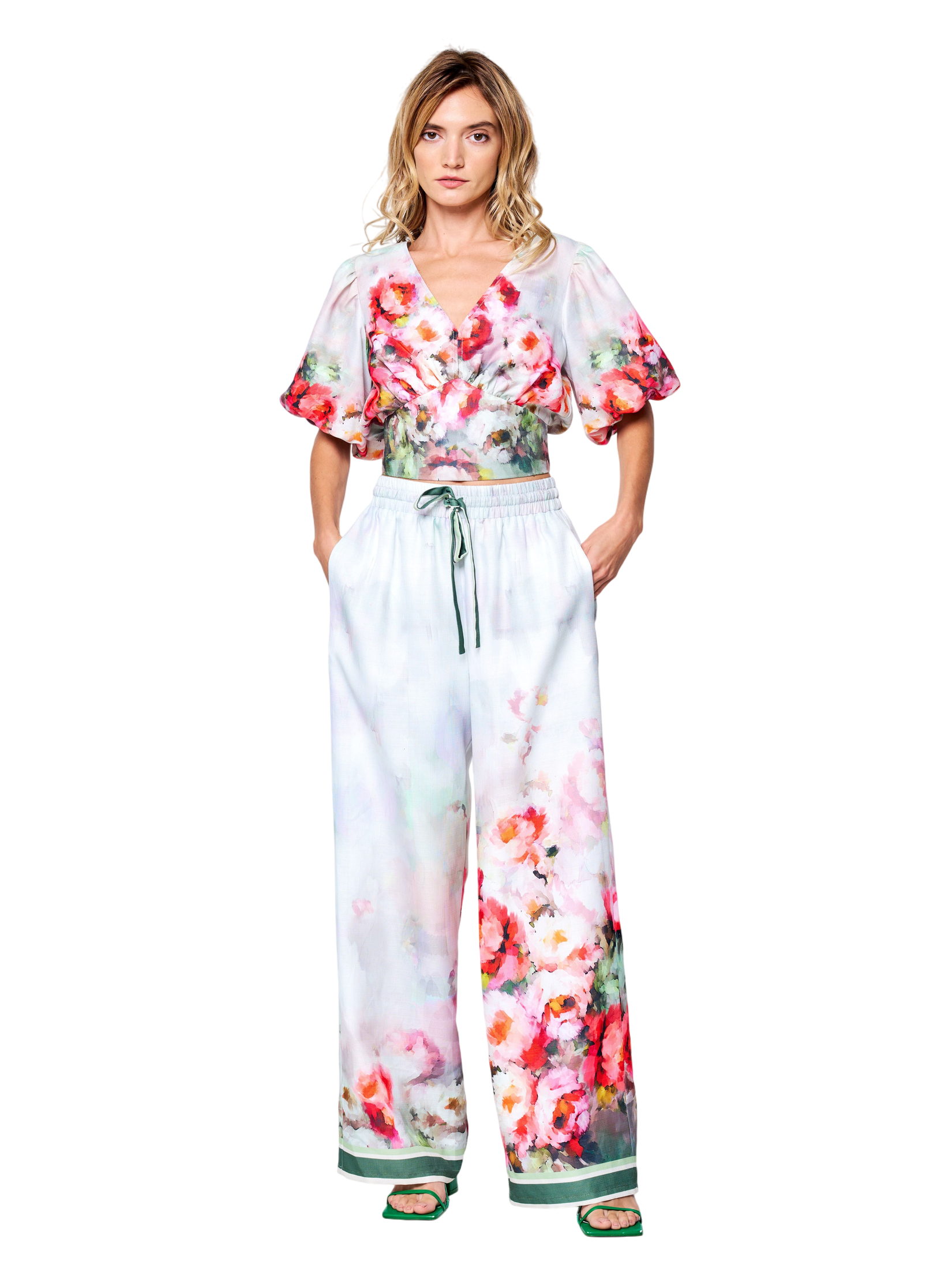 Azra Floral Print Drawstring Wide Leg Pants
