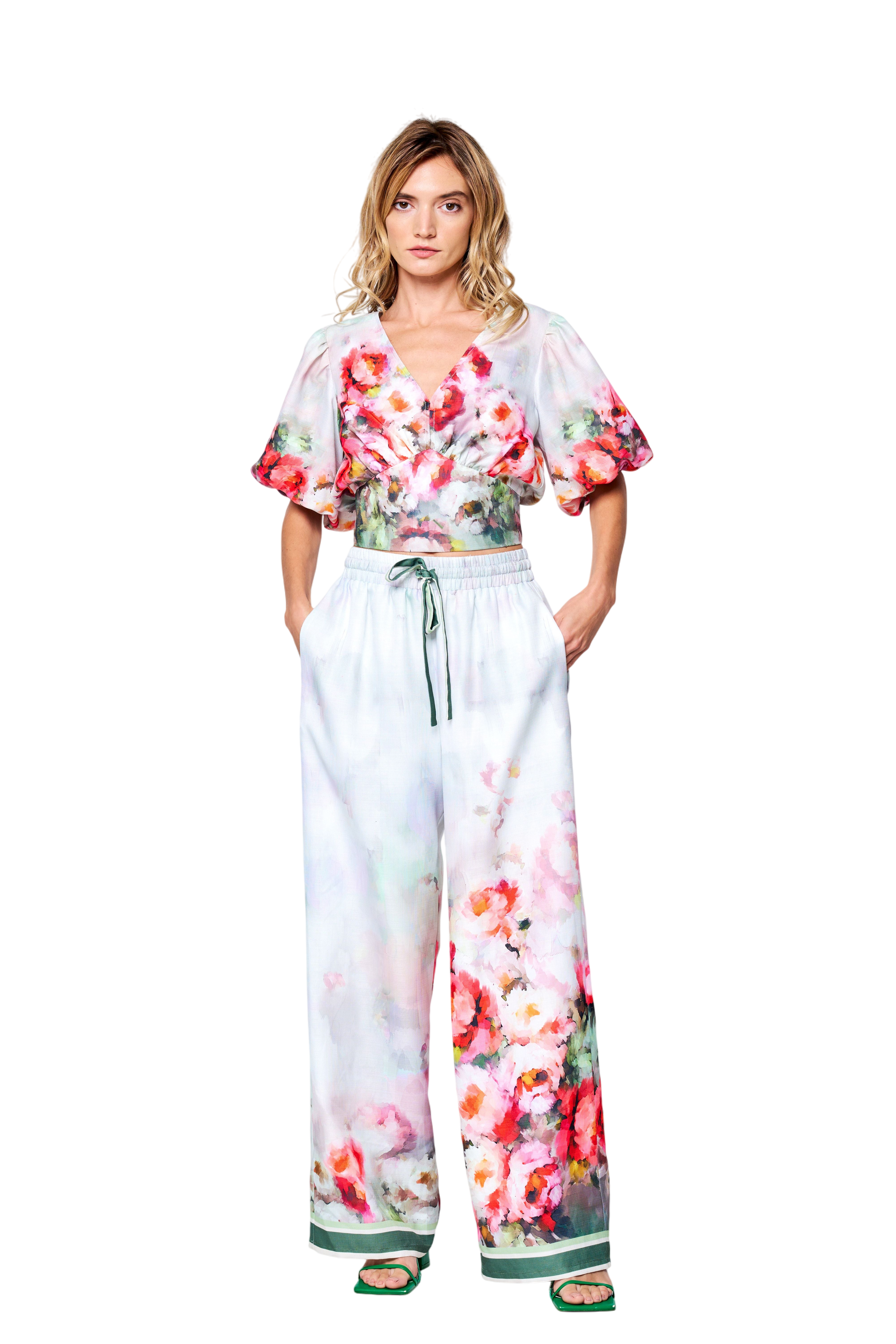 Azra Floral Print Drawstring Wide Leg Pants