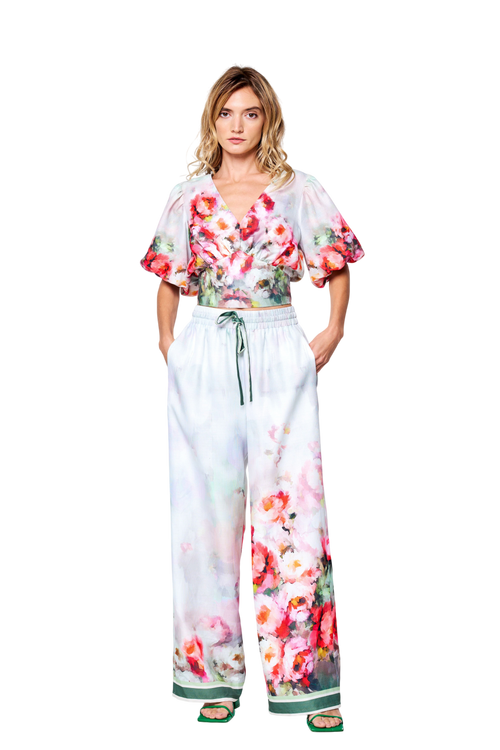 Load image 1 in gallery view. Azra Floral Print Drawstring Wide Leg Pants