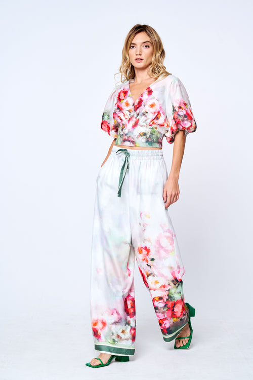 Load image 1 in gallery view. Azra Floral Print Drawstring Wide Leg Pants