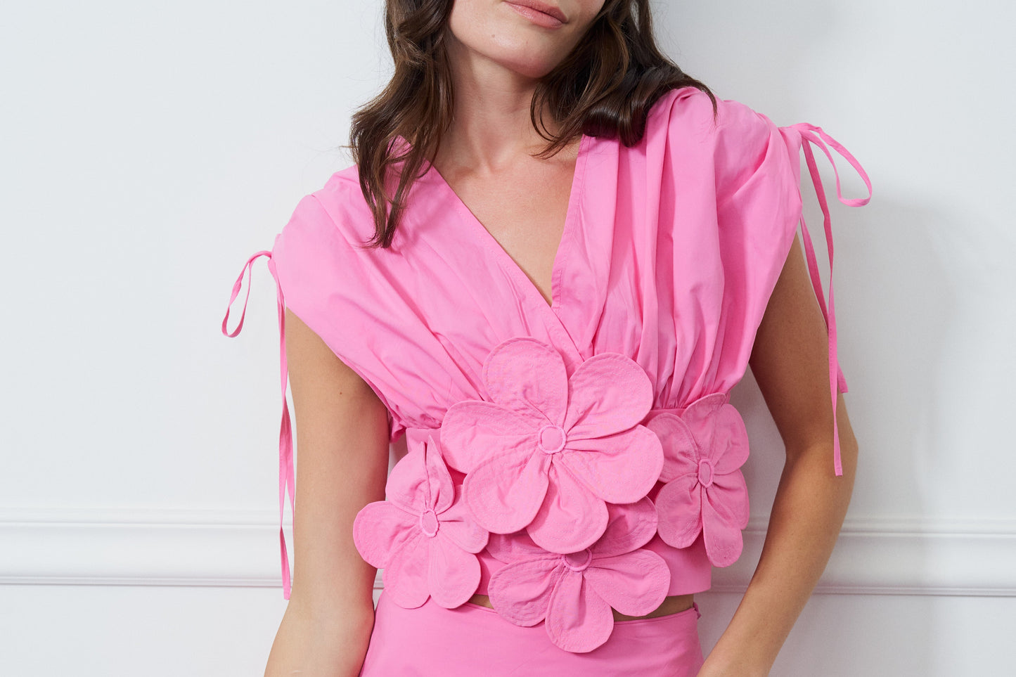 Dielle 3D Floral Ruched Drawstring Top