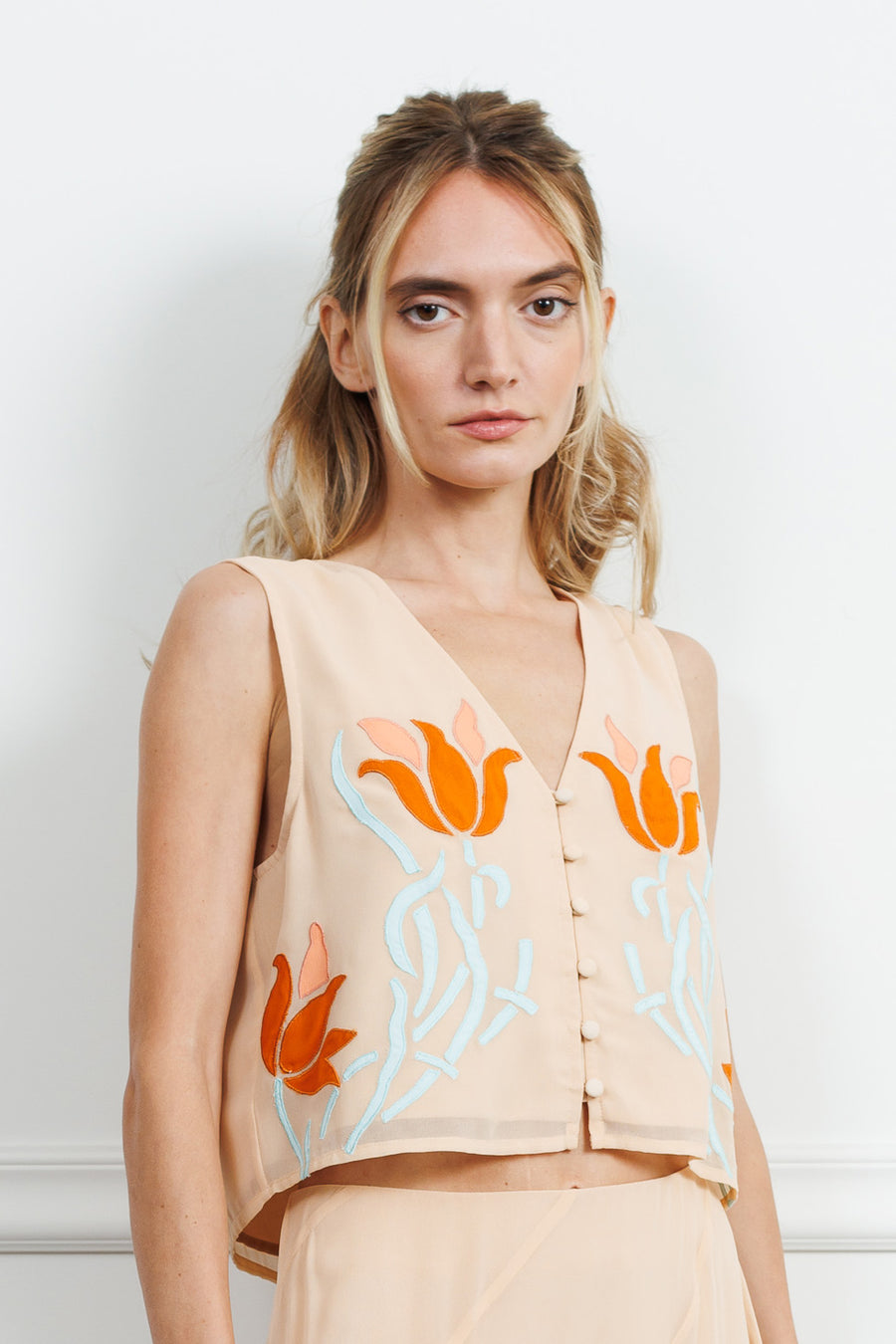 Verda Embroidered Button Up Vest Top