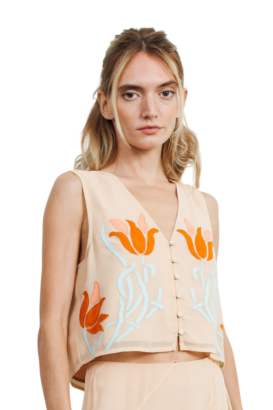 Verda Embroidered Button Up Vest Top