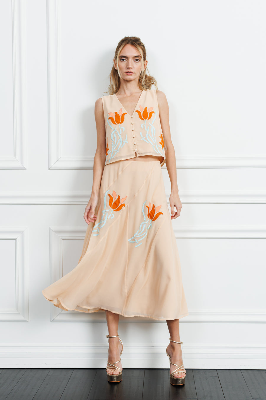 Verda Embroidered Button Up Vest Top