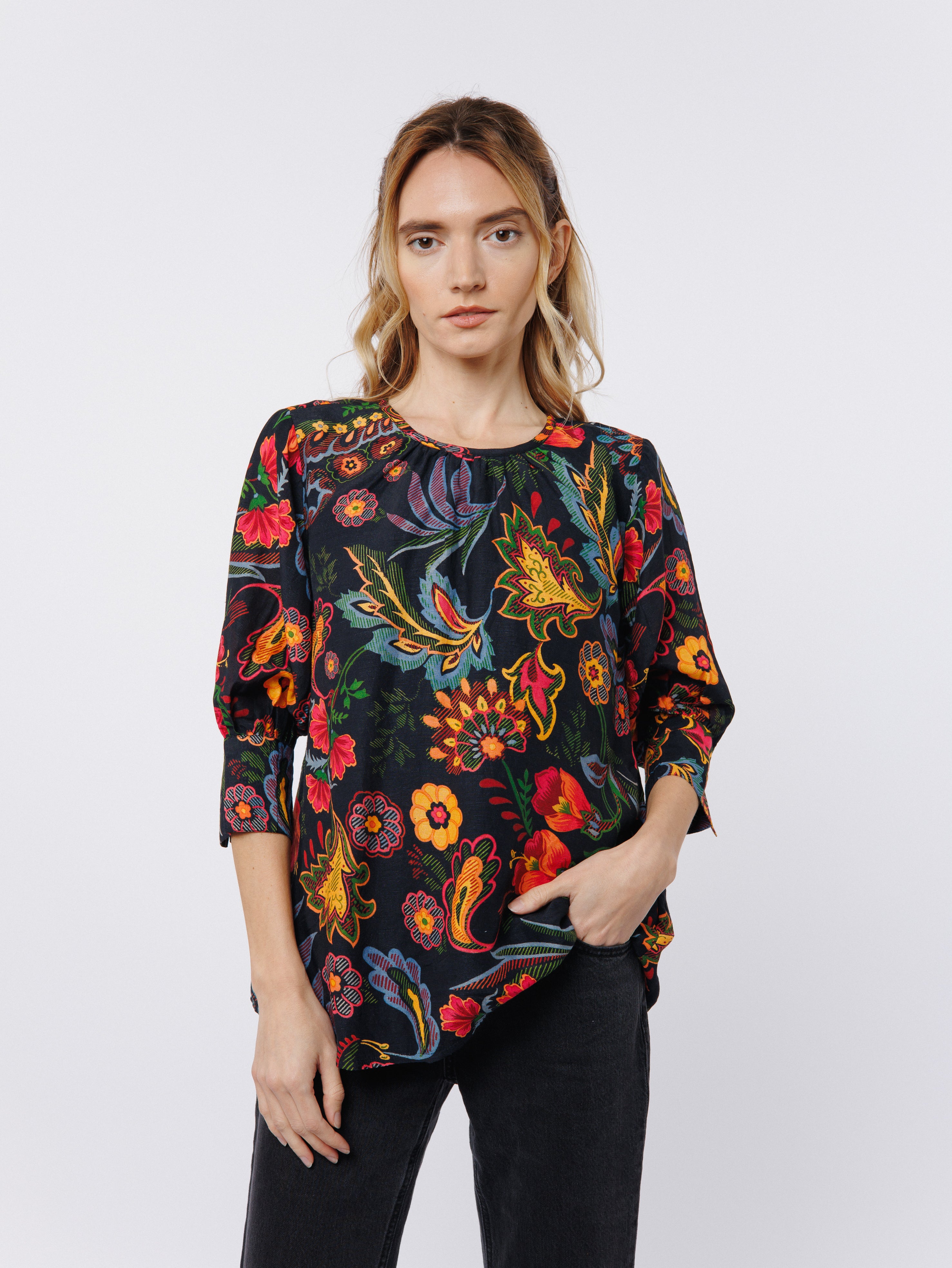 Jasmine Floral Print Linen Blend Top