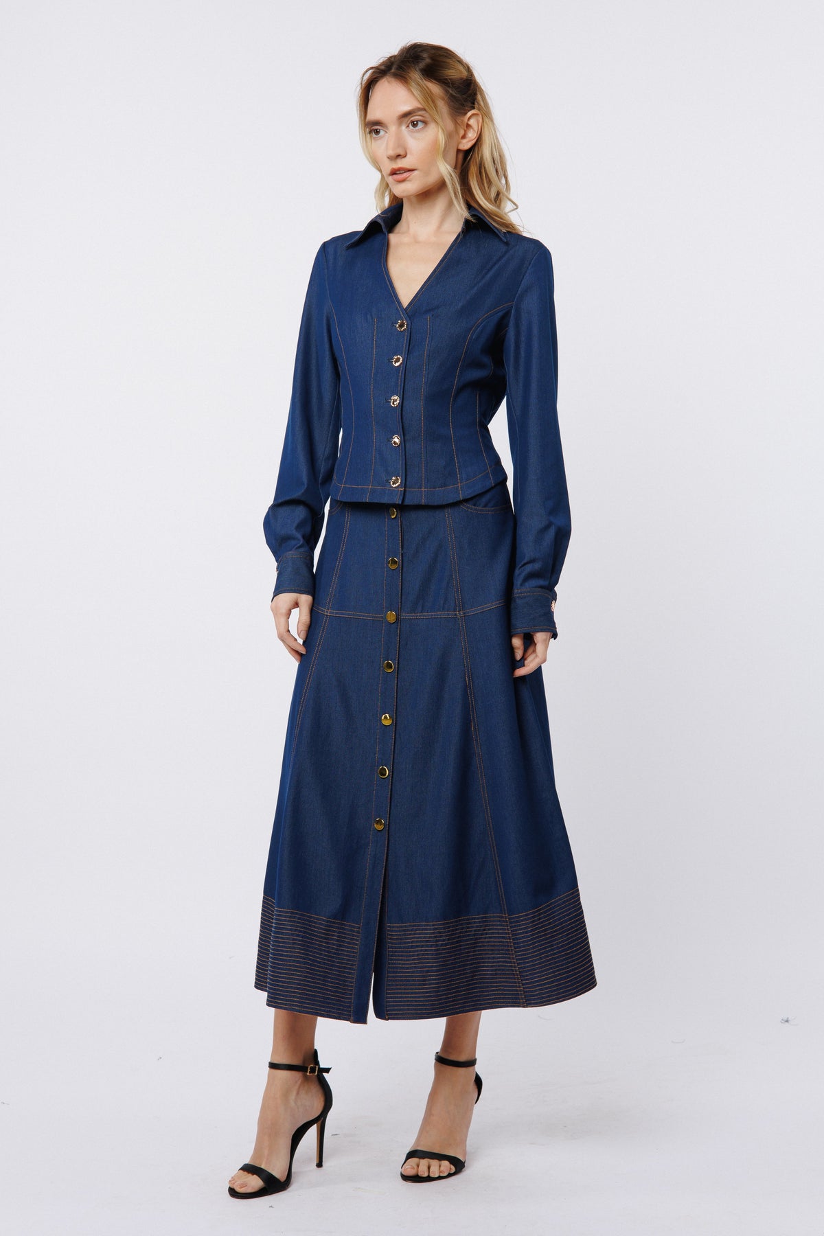 Lilian Topstiched Denim Midi Skirt