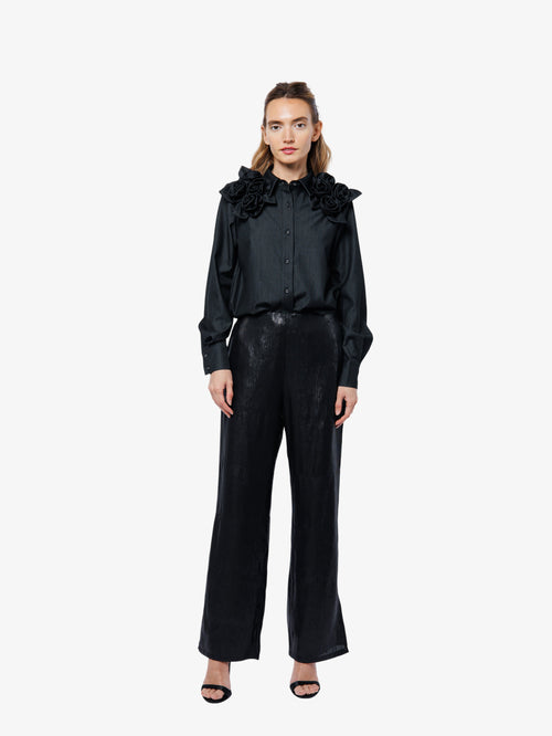 Load image 1 in gallery view. Ivan Rosette Detail Denim Button-Up Top