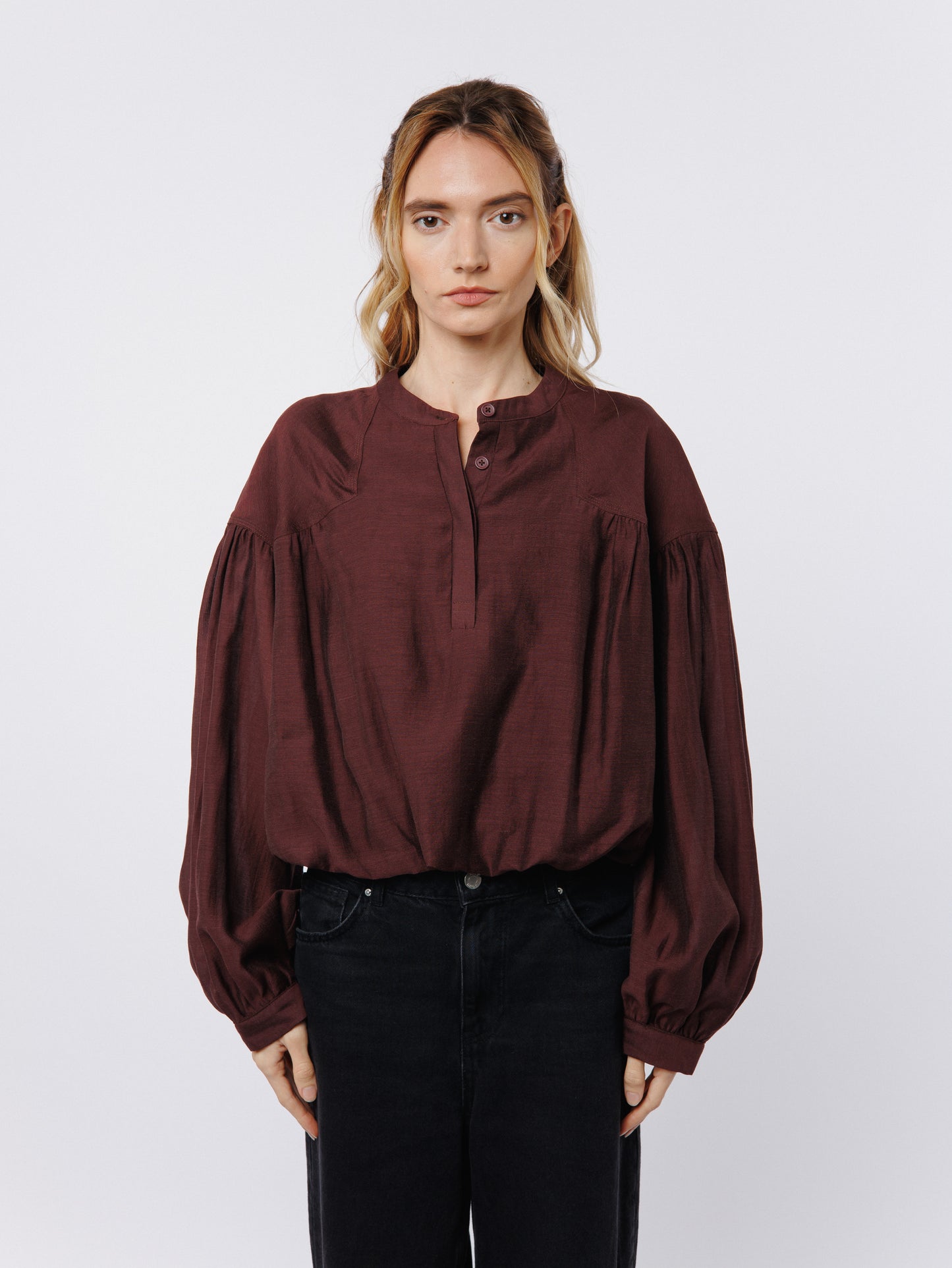 Doe Henley Bubble Hem Puff Sleeve Top