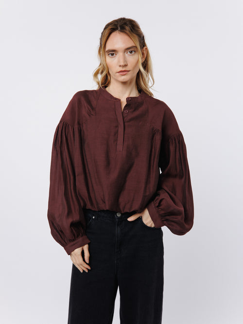 Load image 1 in gallery view. Doe Henley Bubble Hem Puff Sleeve Top