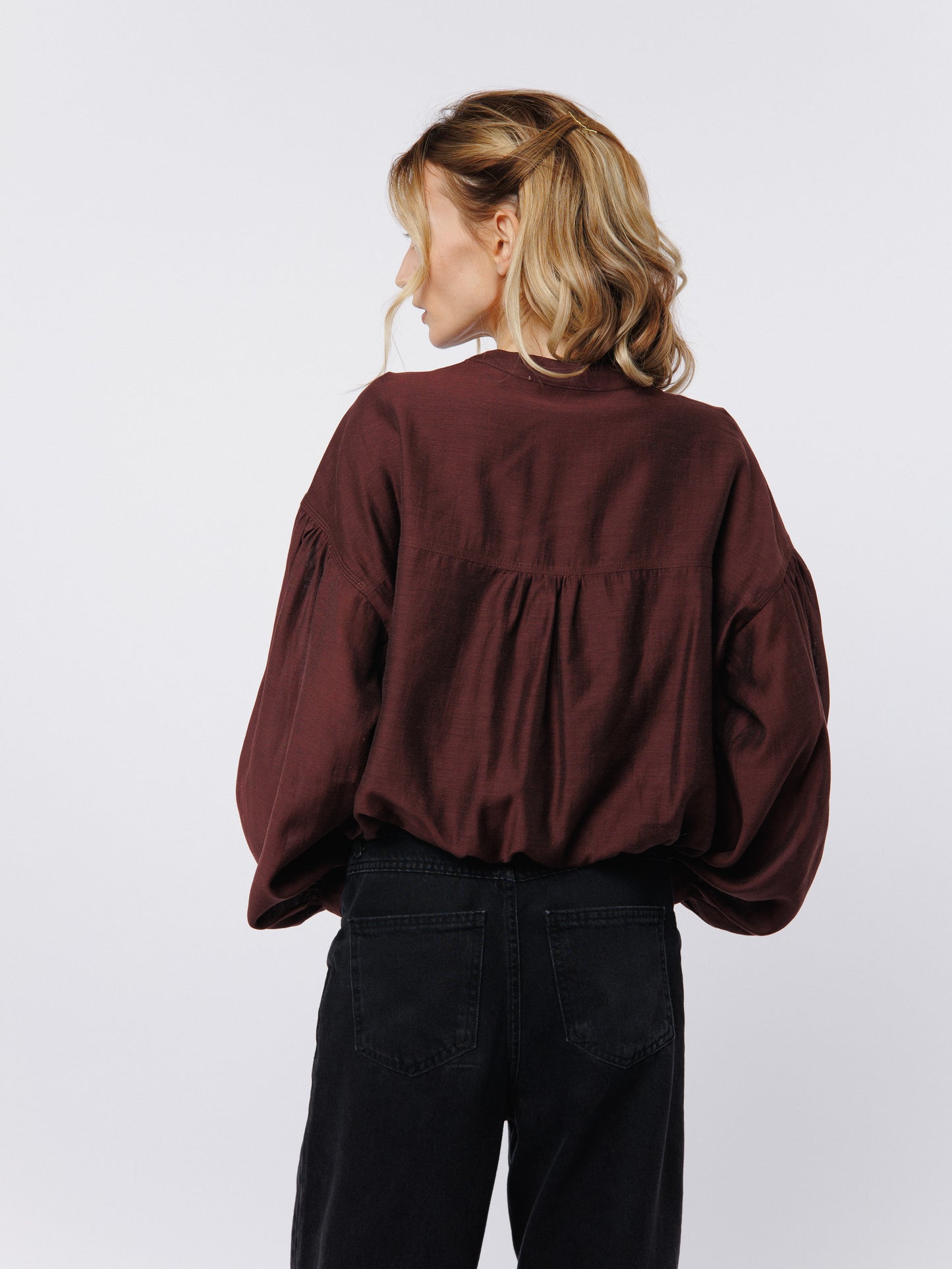 Doe Henley Bubble Hem Puff Sleeve Top