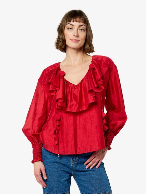 Load image 1 in gallery view. Saruma Raglan Sleeve Satin Ruffle Top