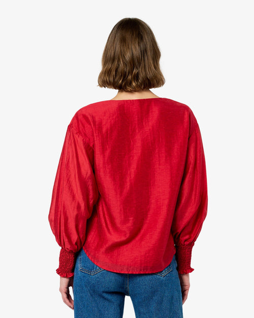 Load image 1 in gallery view. Person wearing a red blouse and blue jeans on a white background