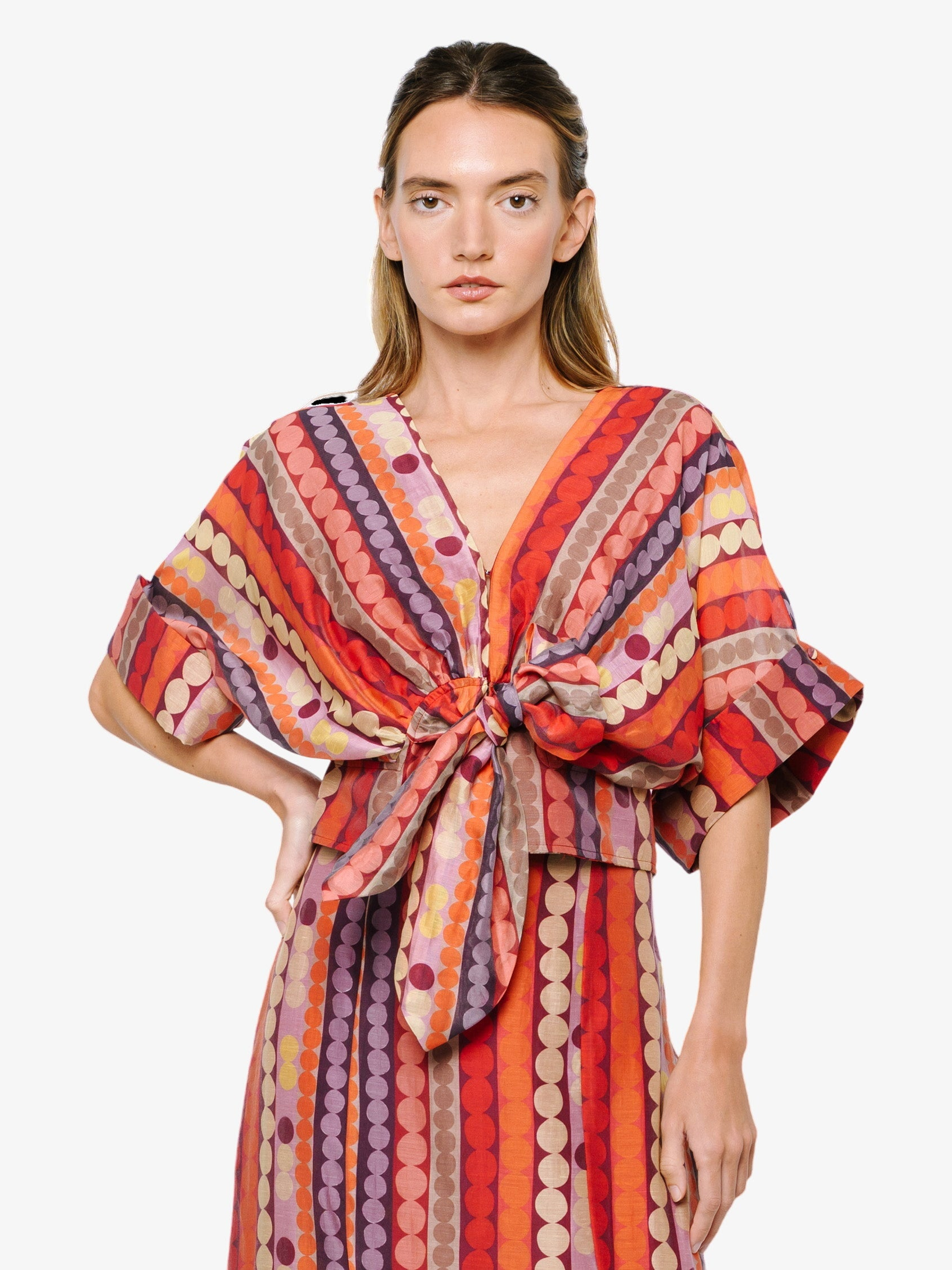 Clarisa Striped Polka Dot Tie Front Top