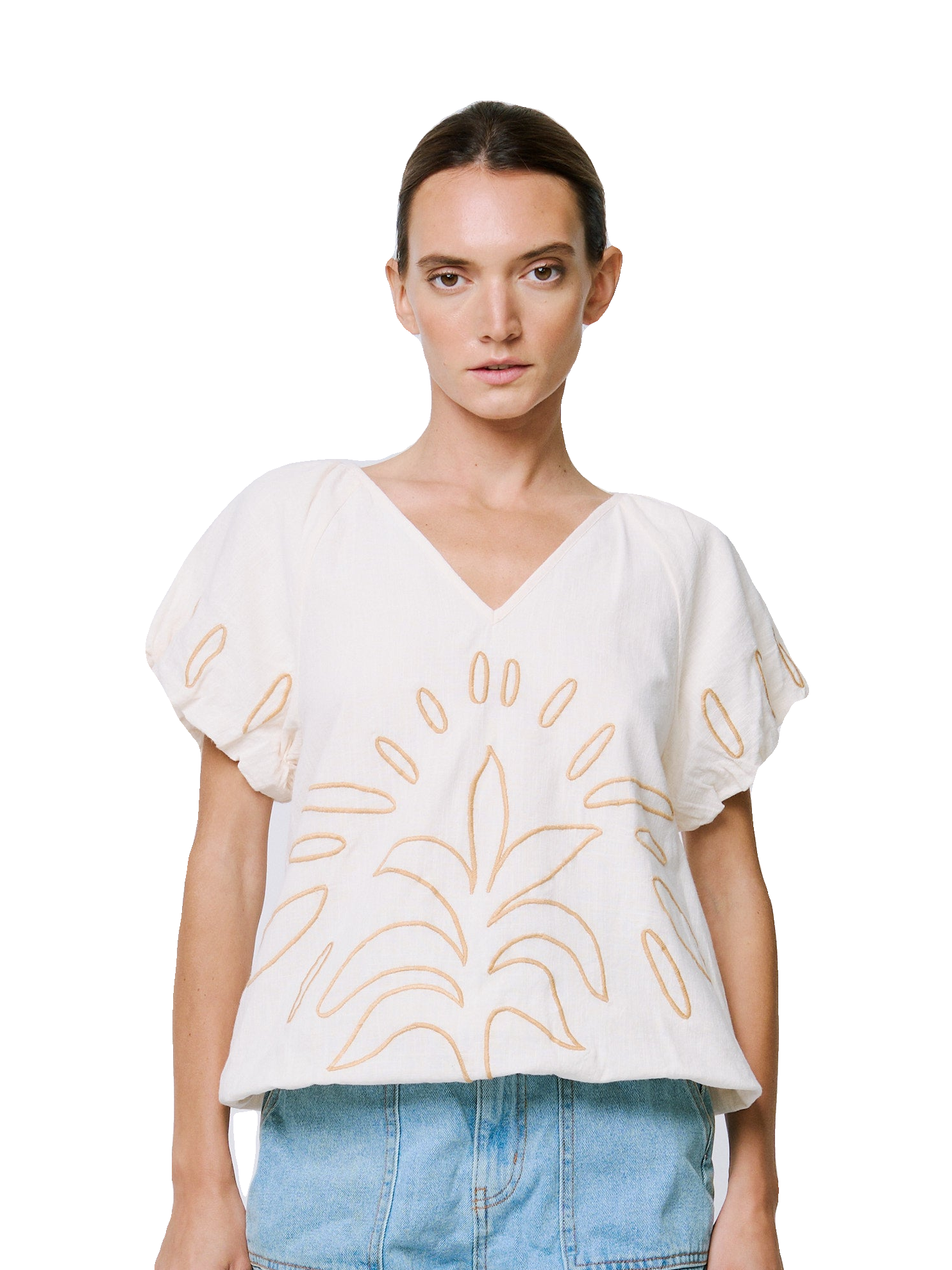 Celsey Palm Embroidered Puff Sleeve Top