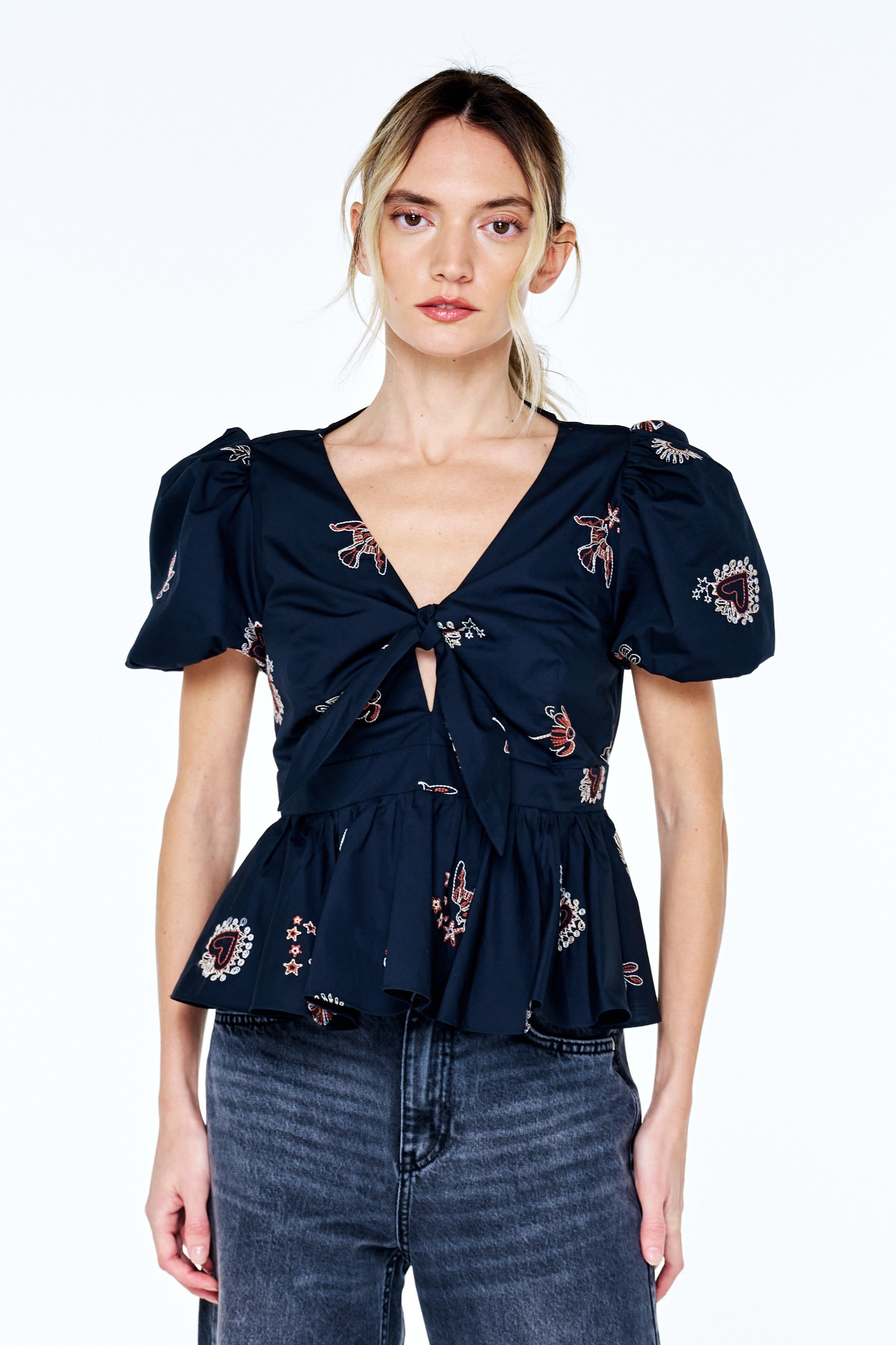 Liyana Embroidered Tie Front Peplum Top